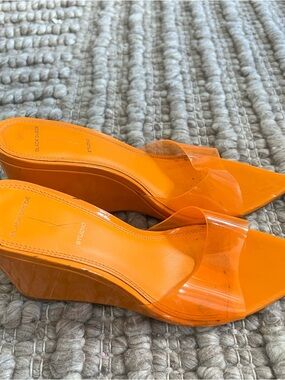 Black Suede Studio Orange Wedge Slide with Clear Strap